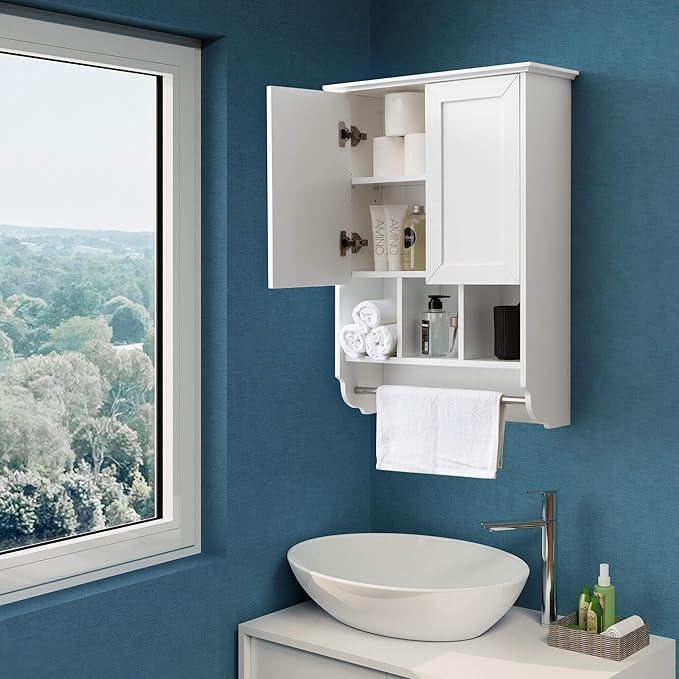 White Bathroom Wall Cabinet with Towel Bar,Wooden Medicine Cabinet Adjustable Shelves,23x32 Inch Kitchen Cabinet,Over Toilet Storage Cabinet for Bathroom,Kitchen,Laundry - ModernBath