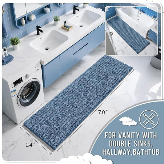 Yimobra Bathroom Runner Rug 70x24 Inch - Extra Long Non Slip Chenille Bath Mat, Soft & Absorbent, Machine Washable Shaggy Hallway Carpet for Vanity Tub Shower, Denim Blue Home Decor Accessories - ModernBath