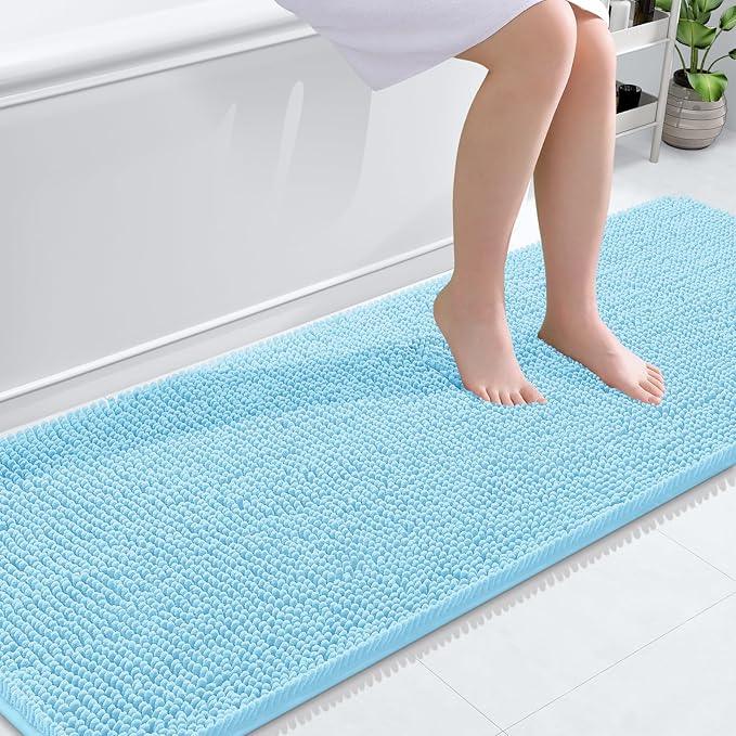 OLANLY Bathroom Rugs 70x24, Extra Soft Absorbent Chenille Bath Rugs, Rubber Backing Quick Dry, Machine Washable Bath Mats for Bathroom Floor, Tub and Shower, Home Decor Accessories, Sky Blue - ModernBath