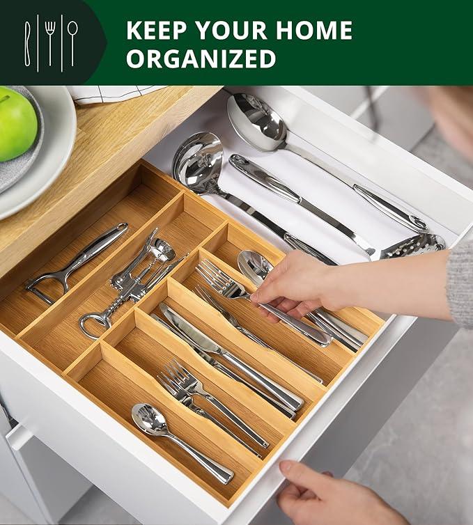 ROYAL CRAFT WOOD Luxury Bamboo Utensil Rack and Silverware Organizer, Kitchen Drawer Organizer - Utensil Holder and Cutlery Tray with Grooved Drawer Dividers for Flatware 7 Slot, Natural - ModernBath