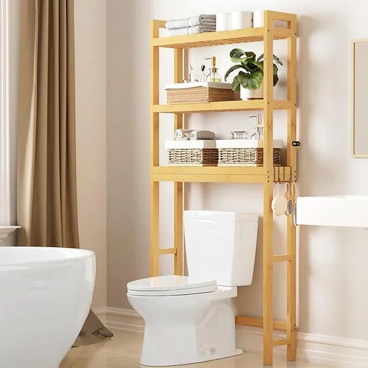 Smiry Over The Toilet Storage Cabinet, 3-Tier Bamboo Bathroom Organizers with Adjustable Shelf & 4 Hooks, Space Saving Shelf Rack for Bathrooms, Laundry Room, Balcony, Natural - ModernBath