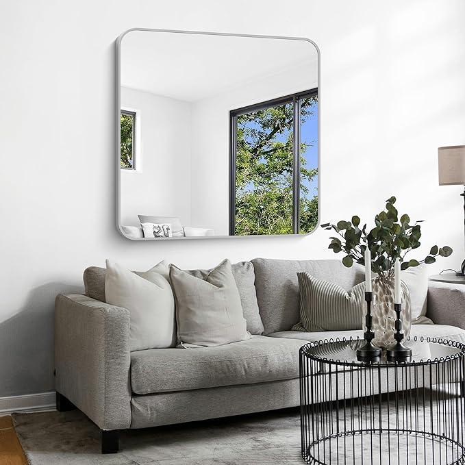 CIVENO Silver Bathroom Mirror, 42 x 42 Inch Silver Square Mirror, Metal Framed Rectangular Vanity Mirror, Rounded Corner Wall Mounted Mirror for Living Room Bedroom Entryway Hangs Horizontal/Vertical - ModernBath