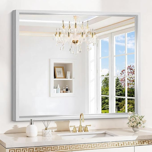 CIVENO Silver Bathroom Mirror, 42 x 36 Inch Brushed Silver Rectangle Mirror for Wall, 0.6" Thickened Deep Frame Mirrors for Over Sink, Shatterproof Tempered Glass, Antirust, Horizontally or Vertically