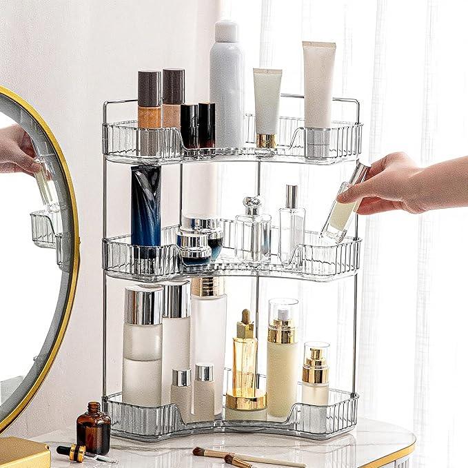 INVSSENE Corner Bathroom Countertop Organizer, Vanity Organizer Trays for Counter, Makeup Organizers, Perfume Tray, Skincare Shelf Storage Gifts for Women Girl Student (Smoky Gray 3 Tiers) - ModernBath