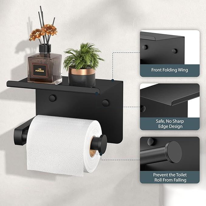 FORIOUS Toilet Paper Holder with Shelf, Adhesive or Screw Wall Mount Toilet Paper Roll Holder for Bathroom, Rustproof 304 Stainless Steel Commercial Toilet Tissue Holder, 2 Pack Matte Black - ModernBath