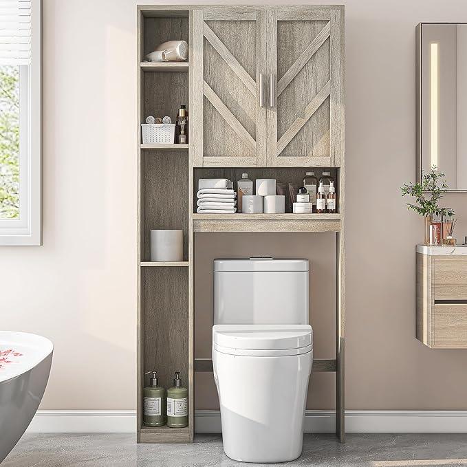 Over The Toilet Storage Cabinet with 7 Storage Shelves, Above Toilet Bathroom Organizer with Toilet Paper Holder Stand, Behind Toilet Cabinet, Space Saver for Restroom, Bathroom, Laundry, Grey - ModernBath