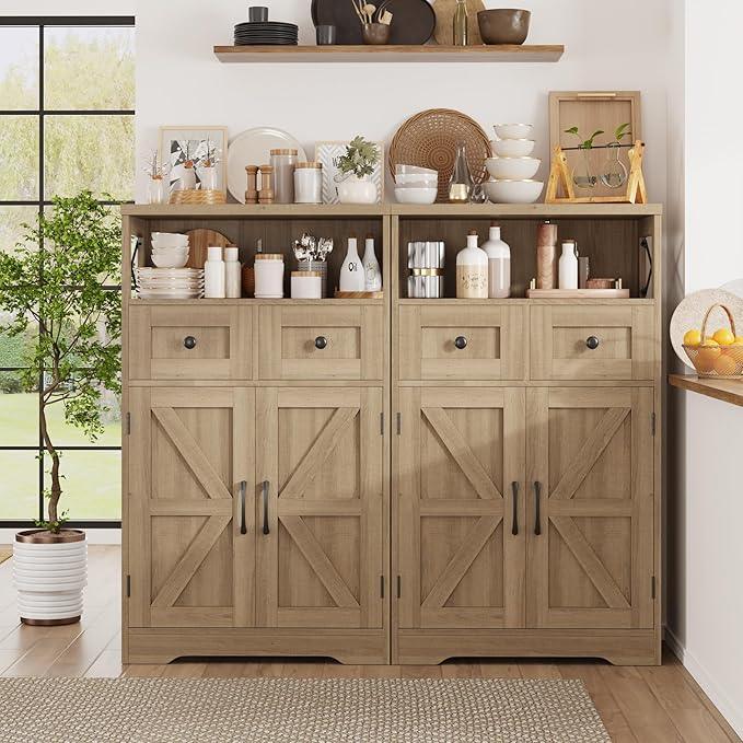 Natural Storage Cabinet with Doors and Shelves, Standing Kitchen Pantry Cabinet, Floor Storage Hutch Cupboard, Coffee Bar Station for Dining, Living Room, Home Office - ModernBath