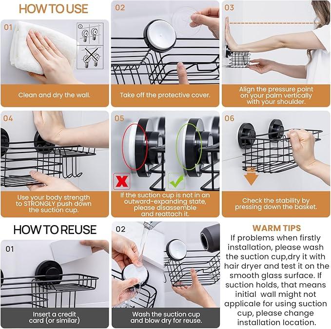 LEVERLOC Shower Caddy Suction Cup, Suction Caddy with Hooks and Soap Holder for Bathroom, No-Drilling Bathroom Shower Organizer, Black - ModernBath