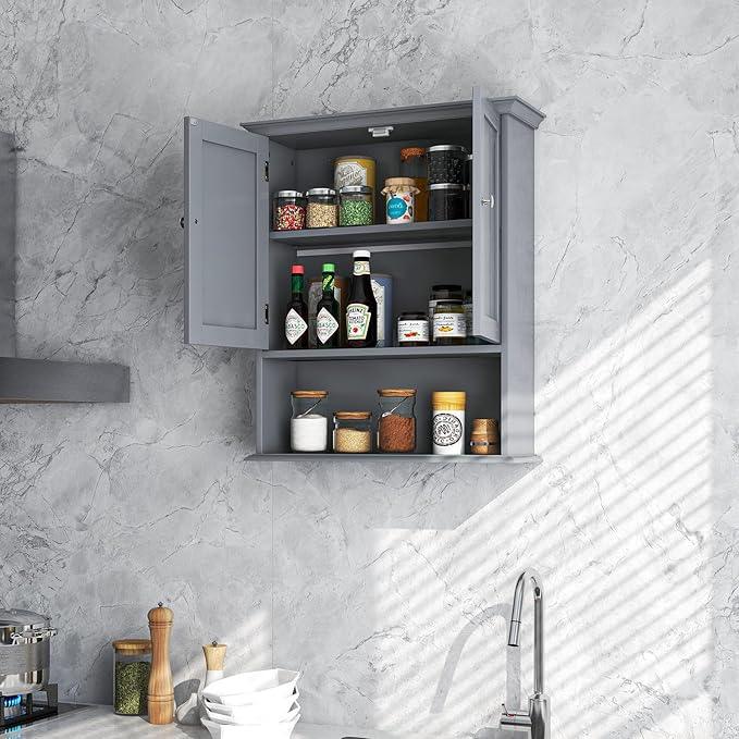 Tangkula Bathroom Wall Cabinet, Wooden Hanging Cabinet with Doors & Shelves, Multipurpose Storage Cabinet for Restroom Kitchen Living Room, Wall Mounted Bathroom Medicine Cabinet (Grey) - ModernBath