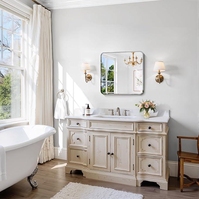 CILIBER Beveled Frameless Mirror, 18x18 Square Bathroom Mirror Rounded Corner, 18 inch Frameless Vanity Mirror, Shatterproof Lightweight Design Wall Mirror for Bedroom Living Room Entryway - ModernBath