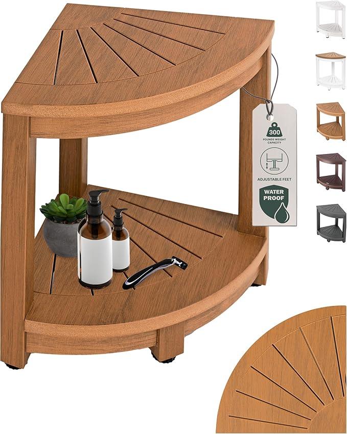 ROHKEX Waterproof Corner Shower Stool - Brown Waterproof Shower Bench for Shaving Legs & to Sit On - Easily Assembled Corner Bench & Shelf - Restroom Organizer - Bathroom Home Decor - ModernBath