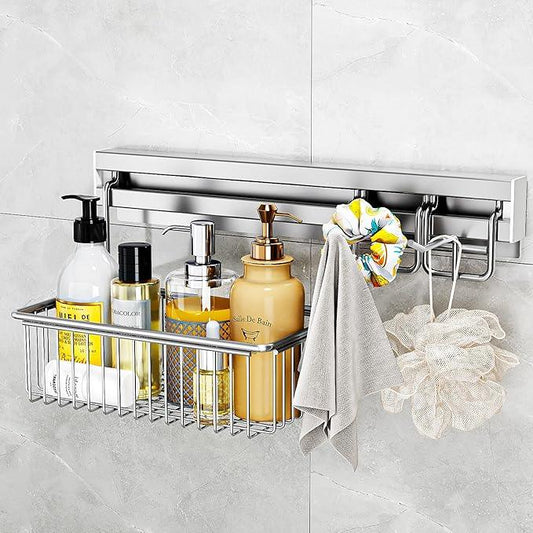MINGLING Shower Caddy Hanging with Wall Back Crossbar, Rustproof 304 Stainless Steel Shower Organizer, Adhesive Bathroom Wall Storage Basket for Kitchen and Home Decor - ModernBath