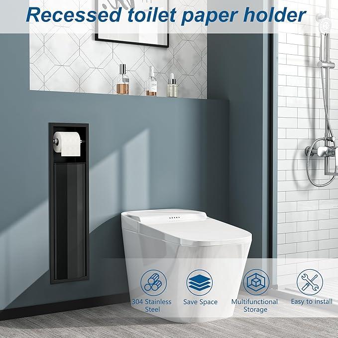 Neodrain Recessed Toilet Paper Holder, Matte Black Tissue Holder with Curved Door, 304 Stainless Steel Bathroom Storage Cabinet for Tissue Rolls, Perfect Depth fits Amarica Drywall - ModernBath