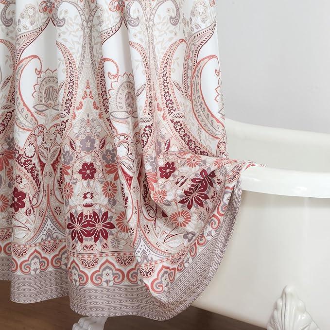 BESTRIPES Long Shower Curtain 72x78 Inch - Water-Repellent Off-White Premium Fabric with Burgundy Terracotta Taupe Paisley Floral Design - ModernBath