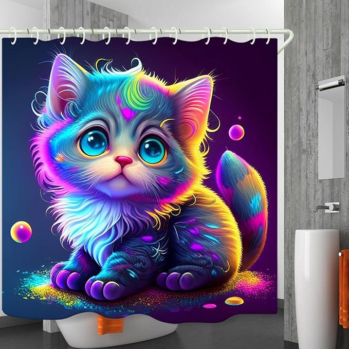LYFANS Bathroom with Colorful Cat 3D Shower Curtains, Deluxe Bathtub Standard Shower Curtain, Waterproof and Bright Fabric Shower Curtain Size (72x72 Inches) - ModernBath