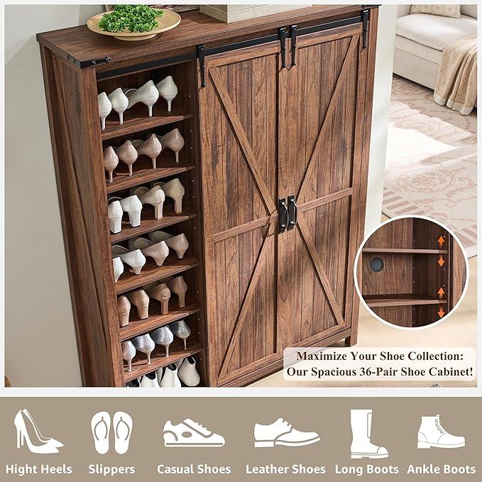 OKD Storage Cabinet with 2 Sliding Door, 7-Tier 62" Tall Farmhouse Entryway Shoe Cabinet, Freestanding Rustic Hidden Shoe Organizer for Entryway, Rustic Walnut - ModernBath