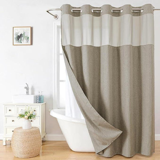 eachope Extra Long No Hooks Needed Linen Textured Shower Curtain with Snap-in Fabric Liner Set,Hotel Luxury Decor Shower Curtains for Bathroom,Waterproof & Washable,71Wx86H,Khaki/Tan - ModernBath