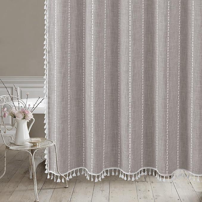 MitoVilla No Hooks Required Boho Farmhouse Shower Curtain with Snap-in Liner, Cotton Linen Fabric Shower Curtains with Tassels for Rustic Neutral Bathroom Decor, Grey Taupe, 72 x 74 - ModernBath
