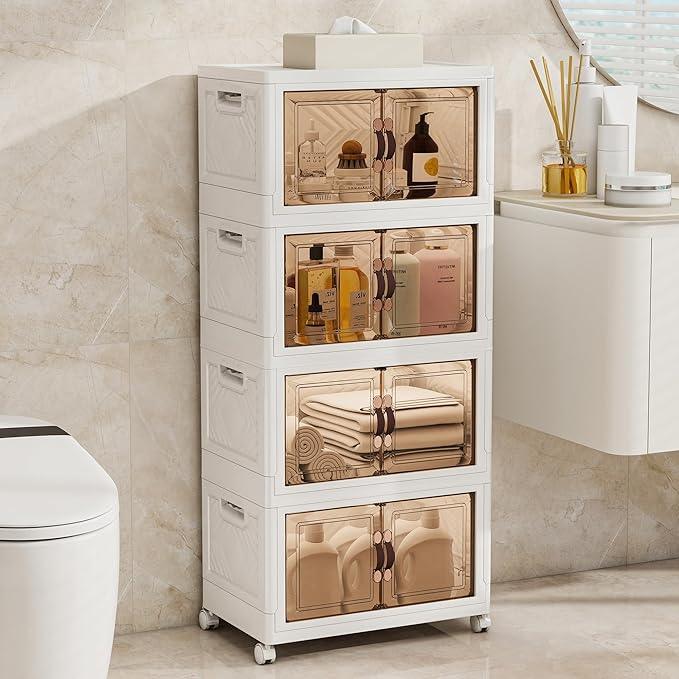 Storage Bins with 2 Lids and Wheels, 270QT-45QT*6Tier Collapsible Bathroom Storage Cabinet with Clear Doors, Plastic Stackable Closet Organizers and Containers White - ModernBath