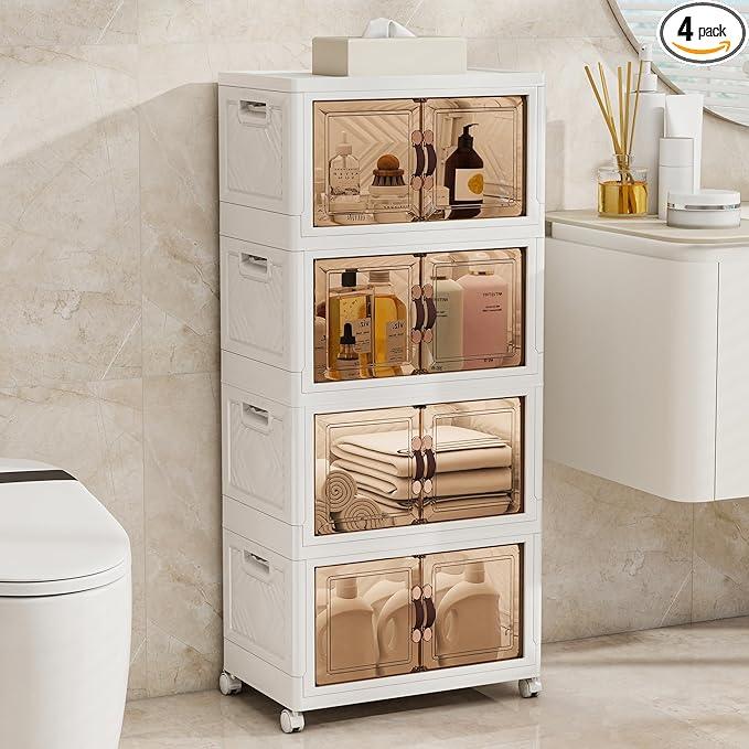 Storage Bins with Lids and Wheels, 180QT-45QT*4Tier Collapsible Bathroom Storage Cabinet with Clear Doors, Plastic Stackable Closet Organizers and Containers White - ModernBath
