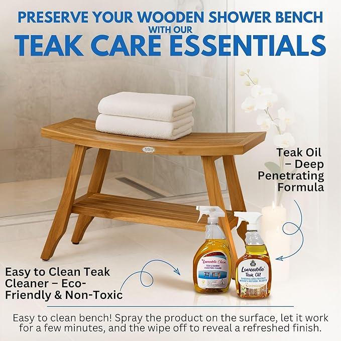 EcoDecors 34 Inch Satori Natural Teak Waterproof Teak Wood Shower Bench Stool Seat Chair For Inside Shower Provides Safety, Storage, and Organization For Bathroom Accessories - ModernBath