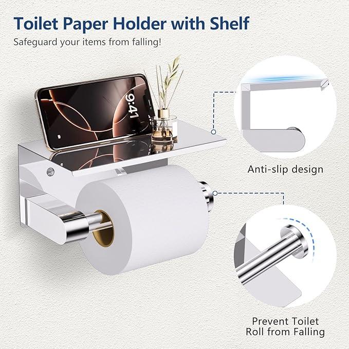 TQKAG 5 Piece Bathroom Towel Bar Holder Sets Polished Chrome Bathroom Hardware Set Stainless Steel Toilet Paper Holder with Shelf Bathroom Accessories Kit Wall Mounted - ModernBath