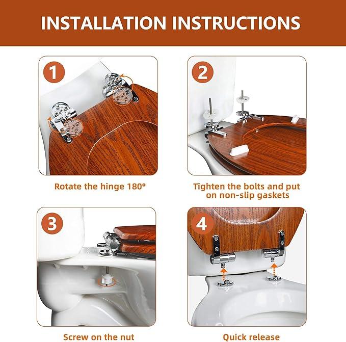 Round Toilet Seat Molded Wood Toilet Seat with Quietly Close and Quick Release Hinges, Easy to Install also Easy to Clean by Angol Shiold (Round, Brownish Red) - ModernBath