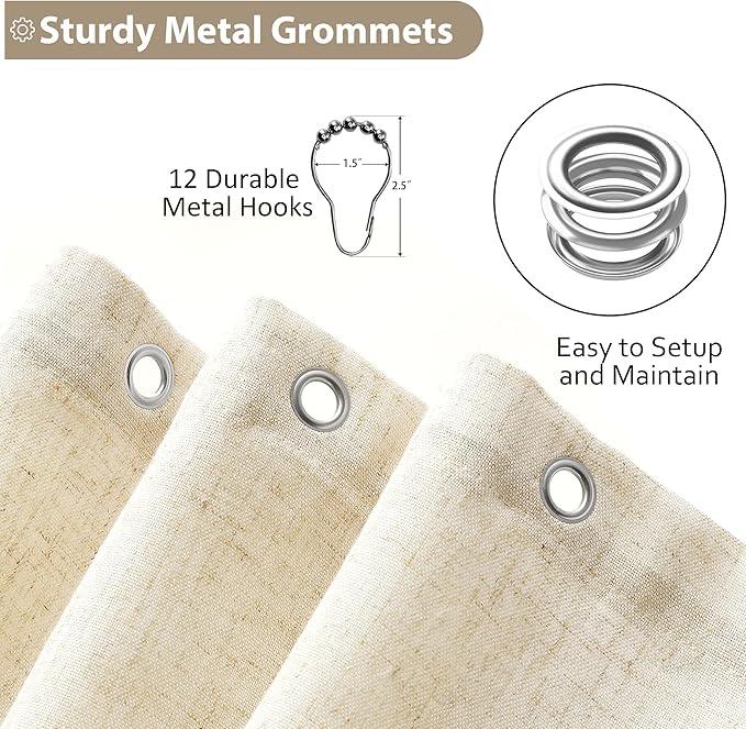 Jowels Natural Linen Shower Curtain, Boho Farmhouse Shower Curtain Set for Bathroom, 200GSM Luxury Weighted Water Resistant Fabric Textured Shower Curtains with 12 Metal Hooks, 72Wx90H - ModernBath