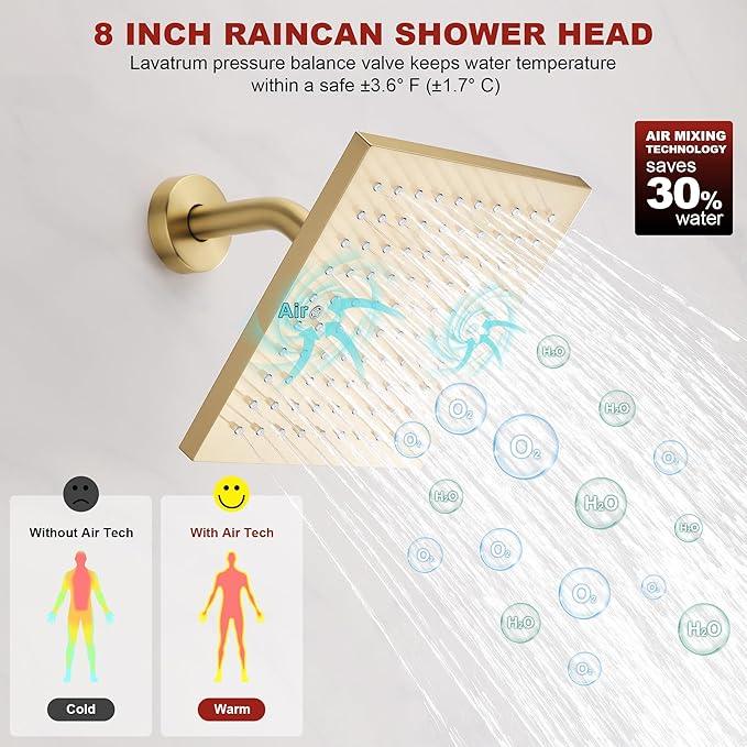 Lavatrum Gold Shower Head and Valve Set Single Spray Premium Wall Mount 8 Inch Rainfall Squre 1 Handle Shower Faucet with Rough-in Valves and Knob Kit for Bathroom Mixer （1.8GPM) - ModernBath