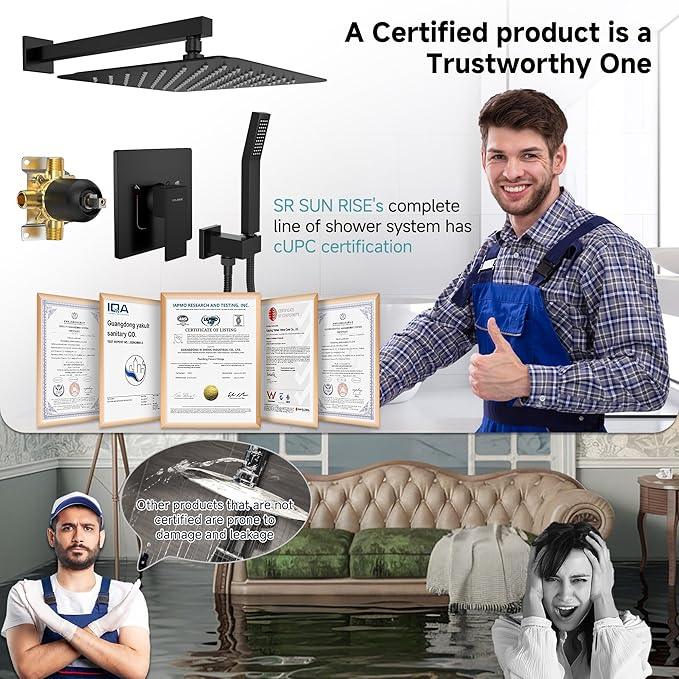 SR SUN RISE Shower Faucet Set & System - 12 Inch Rainfall Shower Head & Handle Set Wall Mounted Matte Black Solid Brass Valve Trim Kit Included - ModernBath