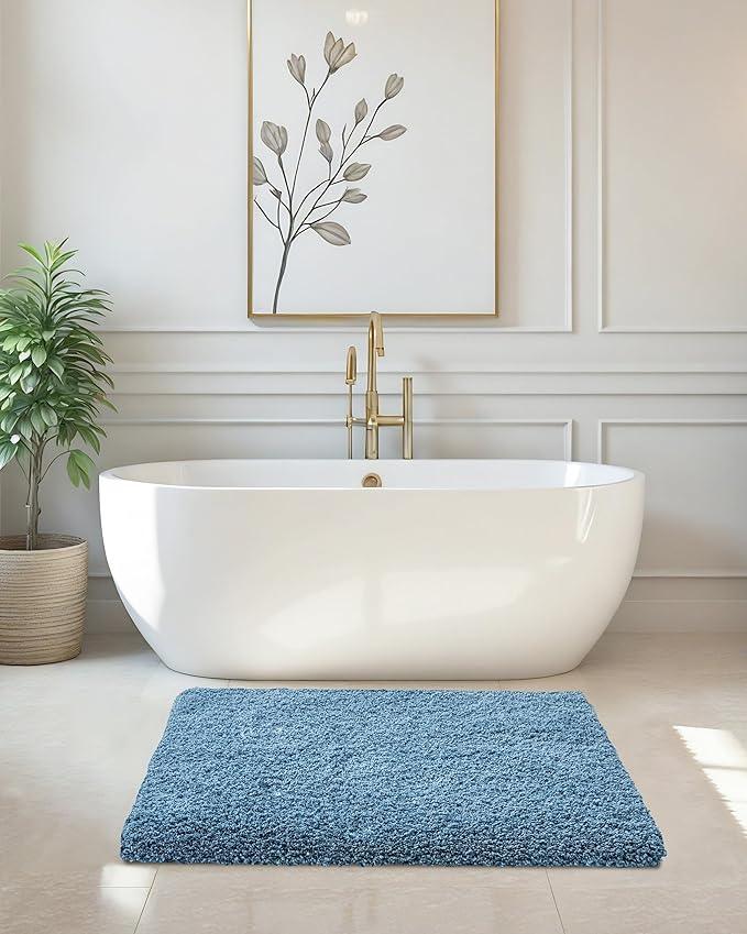 ILANGO Blue Bathroom Rugs 36" × 24" Non Slip & Super Absorbent Extra Thick Soft, Washable Bath Mat for Floor, Microfiber Plush Shaggy Bath Rug with Rubber for Bathtub Shower Room Sink - ModernBath