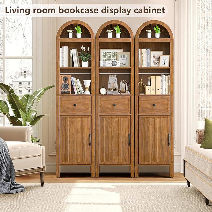 64" Tall Bathroom Storage Cabinet with Adjustable Shelves,Tall Narrow Arched Freestanding Tower Cabinet with Fluted Doors and Drawers,Space Saving Organizer for Bathroom Living Room (Walnut) - ModernBath
