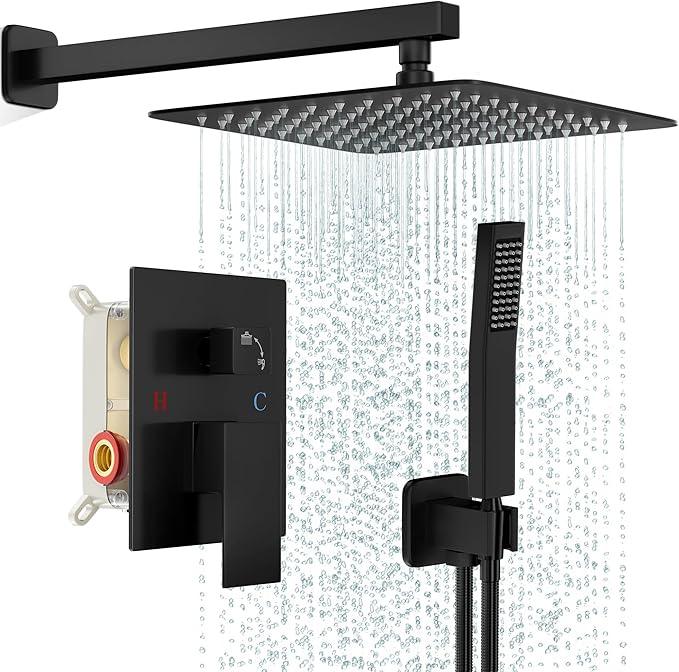FPXRNG Black Shower Faucet Set, Rainfall Shower System with Square Shower Head and Handle Set, Wall Mounted Shower Fixtures, Full Metal Trim Repair Kit 10 inch Matte Black (With Shower Valve) - ModernBath