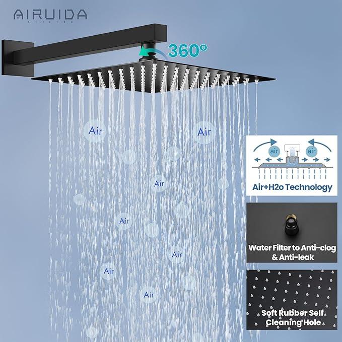Airuida Shower Faucet Set Bathroom Rain Shower System SUS304 Stainless Steel Single Handle With Male Threads Rough-in Valve Shower Trim Kit 10 Inch Wall Mount Shower Head Matte Black - ModernBath