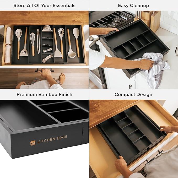 KitchenEdge Adjustable Kitchen Drawer Organizer for Utensils and Junk, Food-Safe Contract Grade with 100% Sustainable Wood, Expandable from 16 to 28 Inches Wide - Black Bamboo - ModernBath