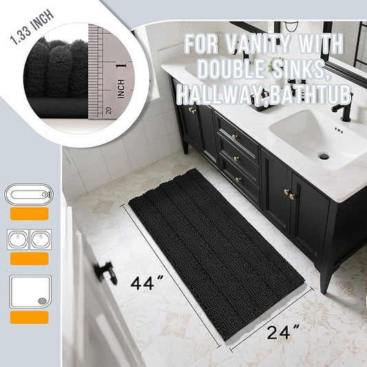 Yimobra Bathroom Rug Mat 44 x 24, Non Slip and Super Absorbent Bath Mat,Machine Washable Quick Dry,Ultra Plush Chenille Shower Rugs for Bathroom Floor Sink Tub and Shower Outside,Black - ModernBath