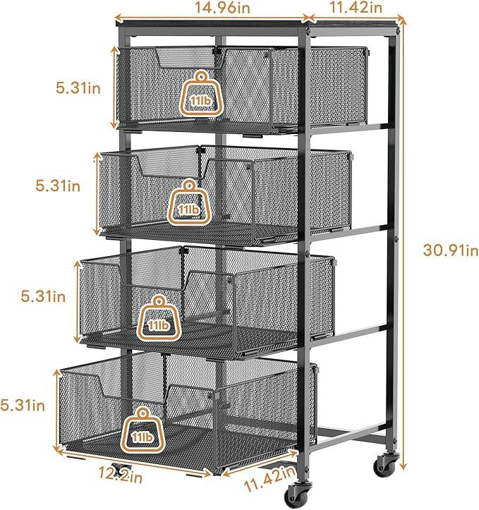 4-Tier Fruit Vegetable Storage Cart - Kitchen Organizer and Storage Cart with Wheels, Wooden Top Metal Wire Fruit Vegetable Rack Stand with Drawers to Storage Cans Snacks for Kitchen(Patent Pending) - ModernBath