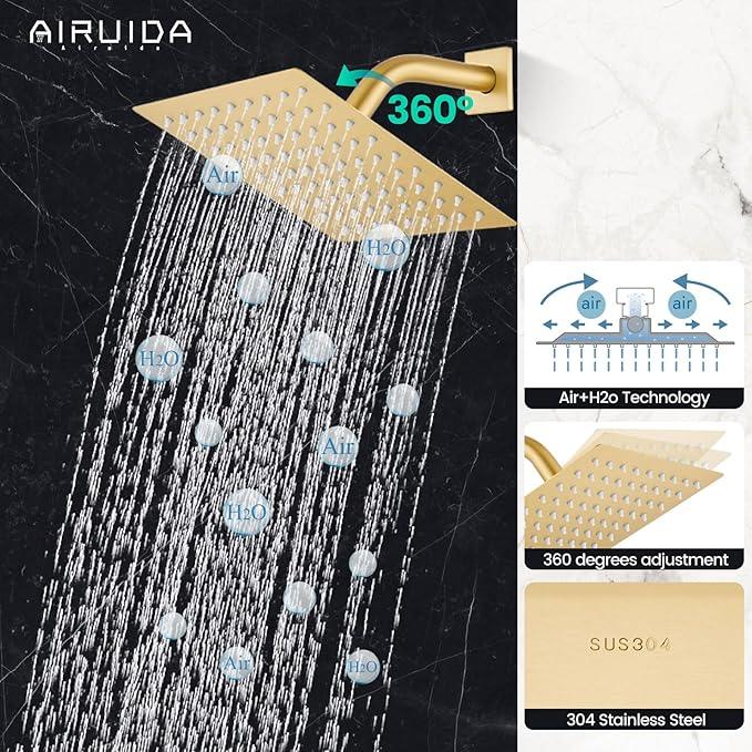 Airuida Shower Faucet Set Bathroom Rain Shower System SUS304 Stainless Steel Single Handle With Male Threads Rough-in Valve Shower Trim Kit 8 Inch Wall Mount Shower Head Brushed Gold - ModernBath
