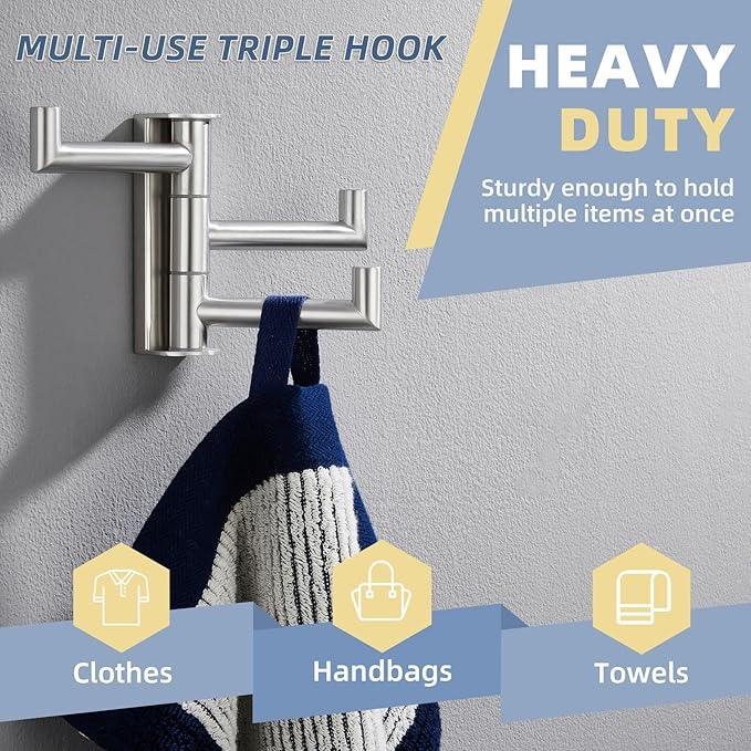 APLusee Swivel Towel Hook for Bathroom Wall Mounted, 304 Stainless Steel 3 Arms Clothes Hook, Flexible Bathroom Kitchen Wall Towel Hanger, Brushed Nickel - ModernBath