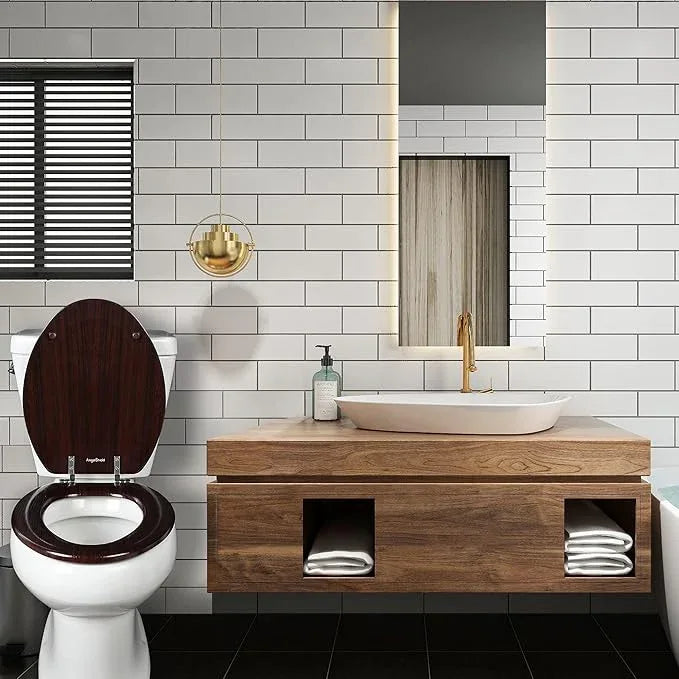 Elongated Toilet Seat Molded Wood Toilet Seat with Quietly Close and Quick Release Hinges, Easy to Install also Easy to Clean by Angol Shiold (Elongated, Dark Brown) - ModernBath