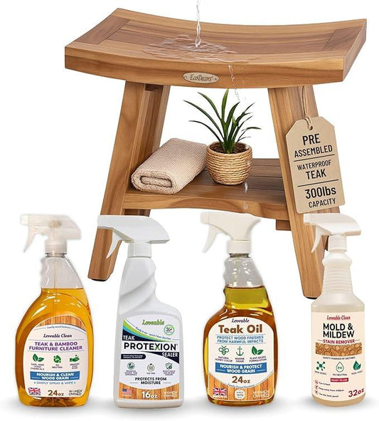 EcoDecors Serenity Teak Wood Shower Bench, 18", Fully Assembled + 4 Pack Teak Care Bundle - ModernBath