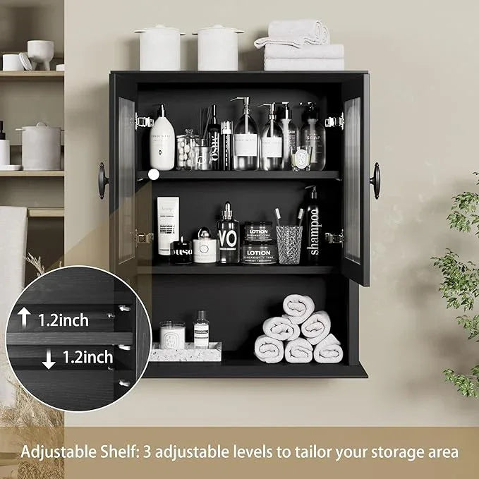 CJL Bathroom Wall Cabinet with Fluted Door, 18.9'' x 23.6'' Medicine Cabinet, Over The Toilet Storage Cabinet, Black - ModernBath