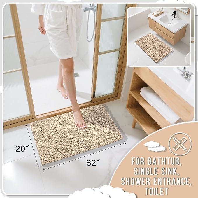 Yimobra Bathroom Rugs Non Slip Washable 32x20 Inch - Ultra Soft Absorbent Chenille Bath Mat, Quick Dry Shaggy Floor Carpet for Tub Shower, Light Brown Home Decor Accessories - ModernBath