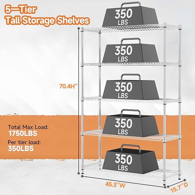 MZG 1750 lbs 5 Tier Storage Rack Metal Wire Shelving Unit, Storage Standing Household Shelf Organizer for Kitchen Pantry Closet Garage Basement Utility Room, Chrome 15.7" D x 45.3" W x 70.4" H - ModernBath