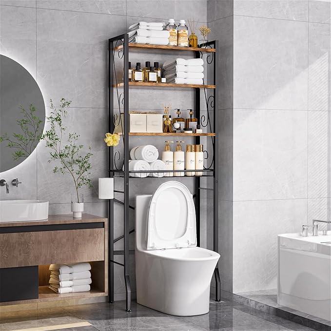 Over-The-Toilet Storage Rack 4-Tier,Bathroom Organizer Shelf Over Toilet,Adjustable Wooden Shelves and Basket,Freestanding Above Toilet Shelf,Space Saver for Rooms(Black Rack-Rustic Brown Shelves) - ModernBath