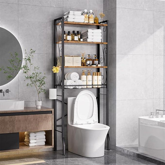 Over-The-Toilet Storage Rack 4-Tier,Bathroom Organizer Shelf Over Toilet,Adjustable Wooden Shelves and Basket,Freestanding Above Toilet Shelf,Space Saver for Rooms(Black Rack-Rustic Brown Shelves) - ModernBath
