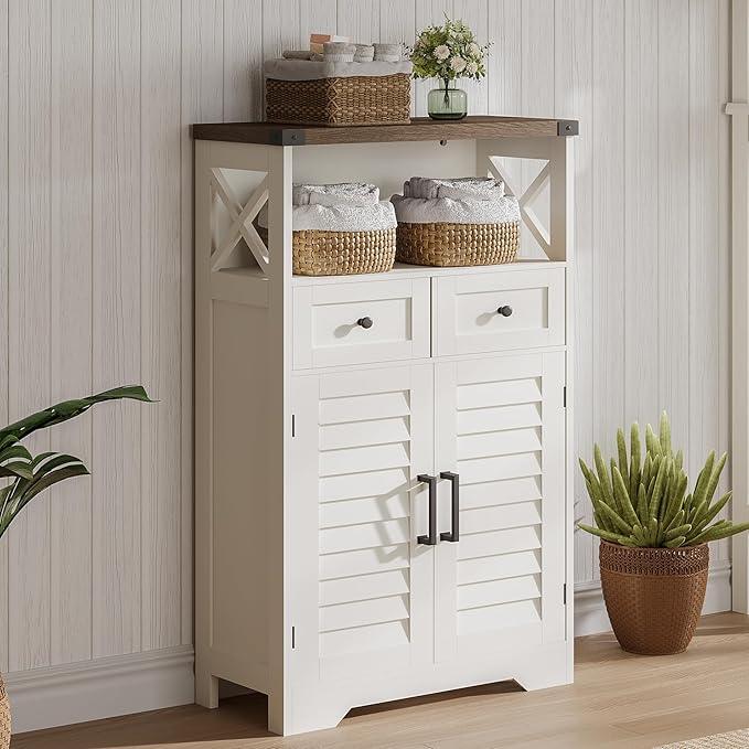 ChooChoo Farmhouse Storage Cabinet, Bathroom Floor Cabinet with Doors and Drawers, Kitchen Pantry Cabinet for Living Room, Laundry, White - ModernBath