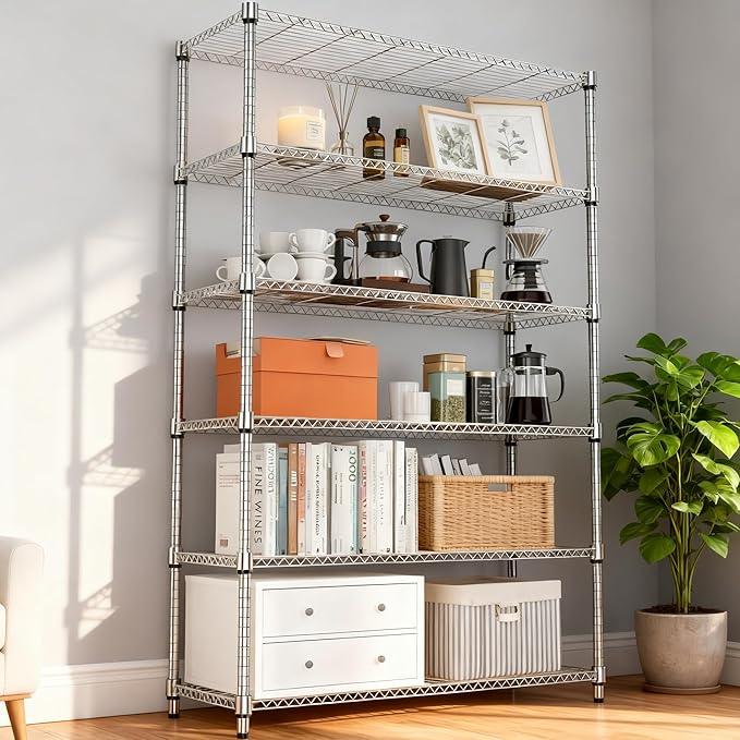 6 Tiers Shelf 2100 lbs Steel Storage Shelving Utility Shelving Unit Steel Organizer Wire Rack for Home,Kitchen,Office,Garage Chrome 17.7" D x 47.2" W x 82.4" H - ModernBath