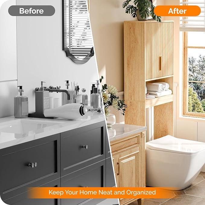 VINGLI Over The Toilet Storage Cabinet with Fluted Doors, Mid Century Modern Bathroom Organizer Over Toilet, Freestanding Wooden Space Saver Stand with Adjustable Shelves, Natural Oak - ModernBath