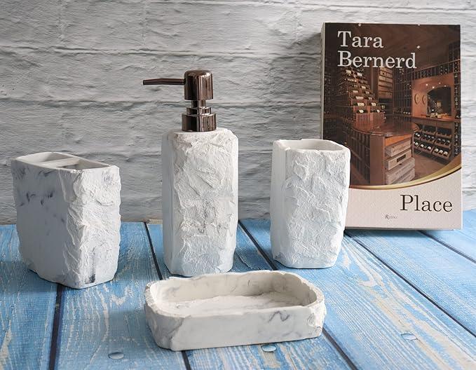 Hymmah Marble Bathroom Accessories Set,Marble Design Toothbrush Holder,Farmhouse Bathroom Decor,4 Pcs Resin Gift Set Apartment Necessities, Contain Toothbrush Cup,Soap Dispenser,Soap Dish,Tumbler - ModernBath